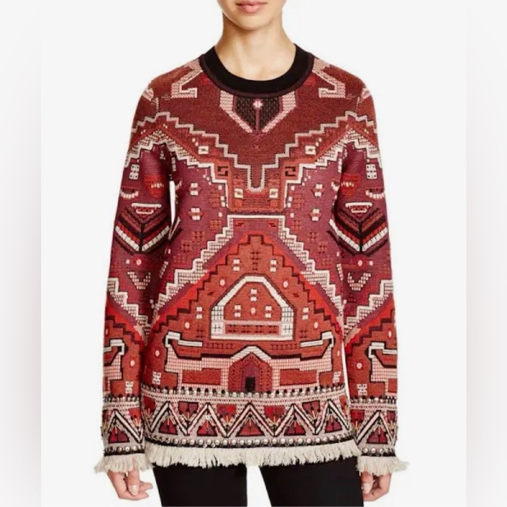 TORY BURCH Runway Tapestry Aztec embellished wool sweater 🩷❤️🖤 - Picture 5 of 6